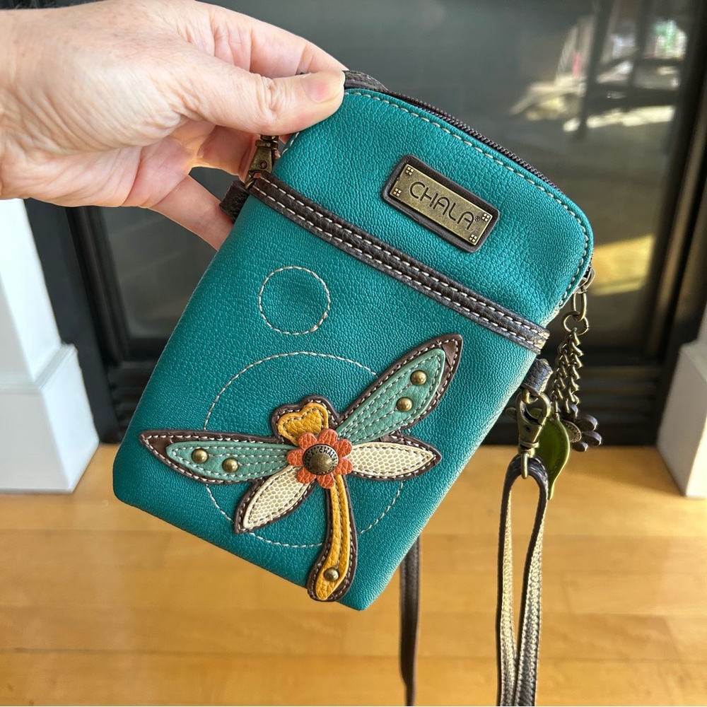 Chala Dragonfly Convertible Pouch, Purse, Crossbody Bag with Charms, Teal, Brown - Picture 16 of 17